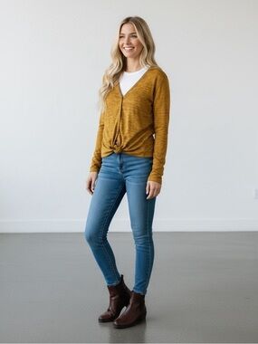 V Neck Button Up Sweater with Elbow Patches Large